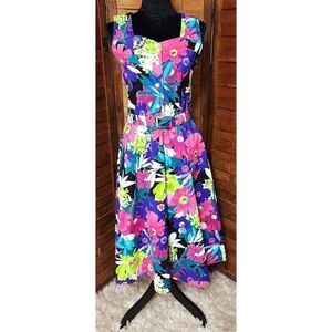 Vintage New Looks Pink & Purple Bright Floral Belted Dress With Jacket Size 8